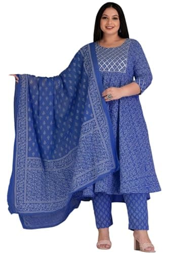 INDACORIFY Cotton Printed Kurti Beautiful Floral Print Casual Dress With Pant Dupatta Set For Women's and Girls Suit (Blue, 6XL)