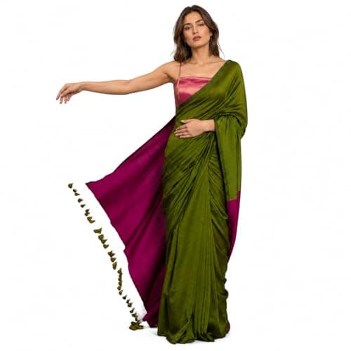 HEALTHY Q Pure Cotton Saree for Women with Blouse Piece, Soft Traditional Indian Sari for Party Wear, Wedding, Festival, Daily Wear & Ethnic Occasion (Green and Pink)