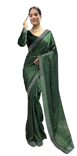 STELLACOUTURE Indian Silk One Minute ready to wear diamond work saree for Women with velvet blouse ST-048 (Green)