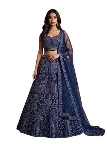 Women Premium Georgette Embroidery Sequence Work Wedding Bridal Lehenga Choli with Dupatta Ready to wear. (BLUE, 42)