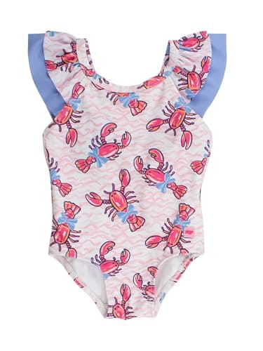 RuffleButts Girls UPF50+ Sun Protection Ruffle V-Back One Piece Swimsuit - Pink Lobster Lagoon, 7