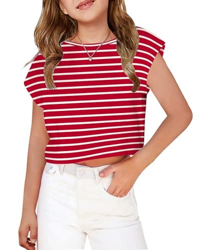 Arshiner Girls Crop Tops Short Sleeve T Shirts Kids Crewneck Basic Tee Red Stripe 9-10 Years
