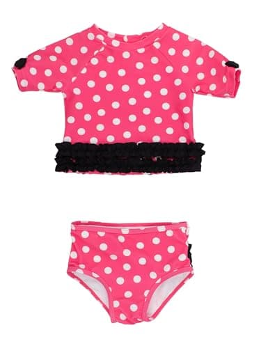 RuffleButts Girls UPF50+ Sun Protected Short Sleeve Rash Guard Bikini - Hot Pink Polka Dot, 6