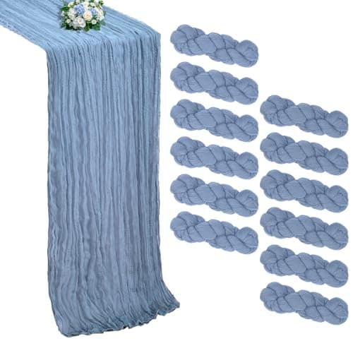 RestfulGlow 12 Pack Dusty Blue Cheesecloth Table Runner 10FT Boho Cheese Cloths Fabric Table Runners 120 Inch Rustic Sheer for Easter Spring Wedding Birthday Party Baby Shower Holiday Decorations