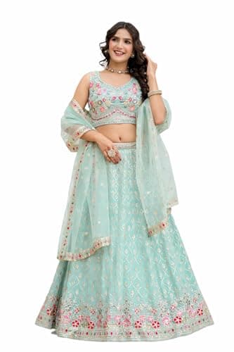 TRENDMALLS Georgette Embroidery Sequence Work Wedding Lehenga Choli Unstitch Blouse with Dupatta For Women (L258-Pista-Free Size)