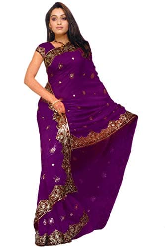 Indian Trendy Women's Bollywood Sequin Embroidered Sari Festival Saree Unstitched Blouse Piece Costume Boho Party Wear (Wine)