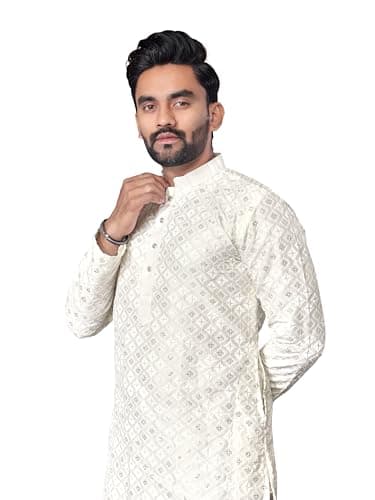 FOXDX Men’s Silk Kurta with Sequins Embroidery | Slim Fit Ethnic Wear for Wedding, Festive & Party (White, Small)