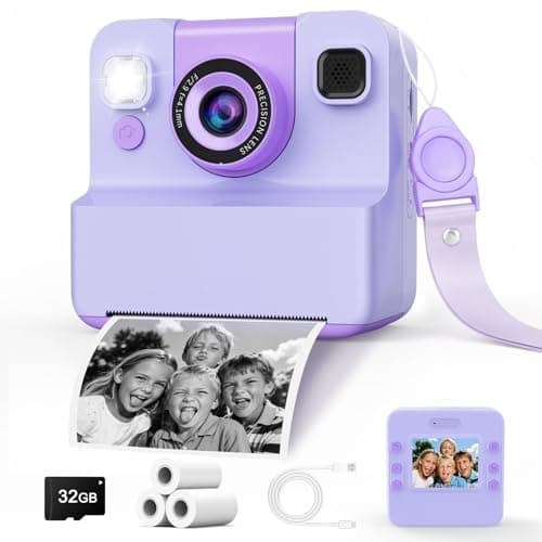 Kids Camera Instant Print with Flip Lens, 1080P HD Video Inkless Toddler Digital Camera with 32GB Card, Portable Travel Christmas Birthday Gift for 3-12 Girls Boys with 3 Rolls Print Paper (Purple)