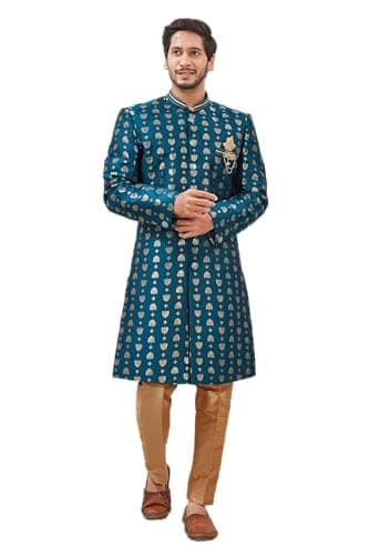Indian Designer Wedding Festive Wear Jacquard Fabric Indo-Western Sherwani Pajama Set For Men