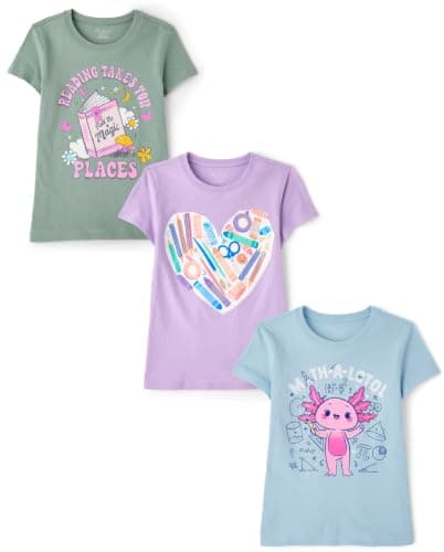 The Children's Place,Girls,School,Learning Short Sleeve Graphic T-Shirts,3 Pack,Reading/Math/Art,Small