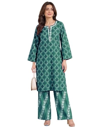 ZAREEVA Women’s Kurta Set with Printed Design & Straight Pants | Ethnic Wear for Office, Casual & Daily Wear (US, Alpha, X-Large, Regular, Regular, Green)