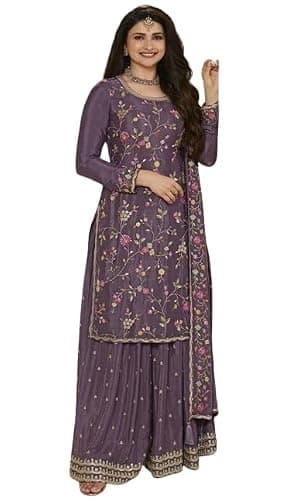 LV'S TRENDZ Design a new bloomimg chiffon embroidery work readymade sharara lawar suit for women (US, Alpha, Medium, Regular, Regular, PURPLE)