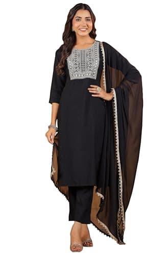 Janasya Indian Women's Chanderi Silk Embroidered Festive Wear Kurta Set for Women