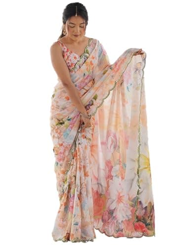 Indya Multicolor Abstract Print Chiffon Saree Set | Perfect for Festive & Party Wear