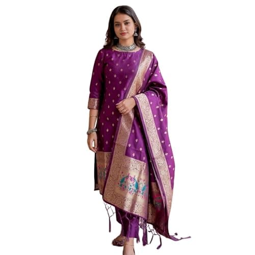 Women's Indian Ethnic Kurta Set with Dupatta | Embroidered Straight Kurta & Pants | Soft Comfortable Fabric | Traditional Outfit for Festivals & Parties - Royal Purple Gold - 3XL