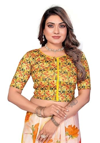 Stylesindia Kalamkari Printed Saree Blouse for Women, Cotton Spandex Bollywood Design Sari Tops Crop Top Choli (Yellow-A, XL)