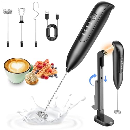 Electric Milk Frother Handheld: coffee frother rechargeable 𝟑 𝐢𝐧 𝟏 - LED Display, Adjustable Wireless Charging - 3 Speeds, Stainless Steel Whisk for Latte, Cappuccino - Bright Black