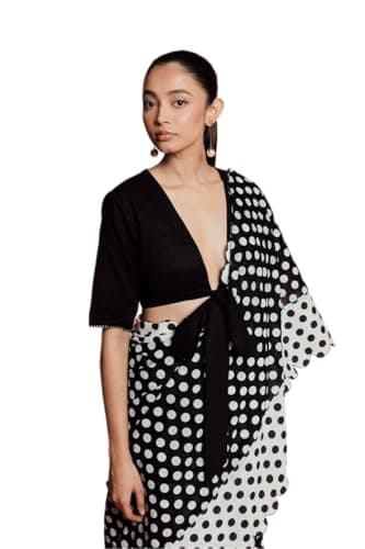 Be4Me.com Alia bhatt Saree celebraty inspired sari Bollywood partywear Satin and Georette Printed saree (unstitch Blouse) (BLACK DOT)