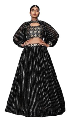 Indya Women's Black Georgette Sequin Embroidered Lehenga Set with Full Sleeve