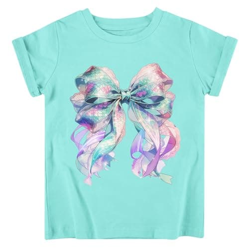 Funnycokid Little Girls T Shirt 5T Size 6 Kids Pink Tees Mermaid Scale Texture Bow Children Cute T-Shirt Graphic Short Sleeve Clothes Tops