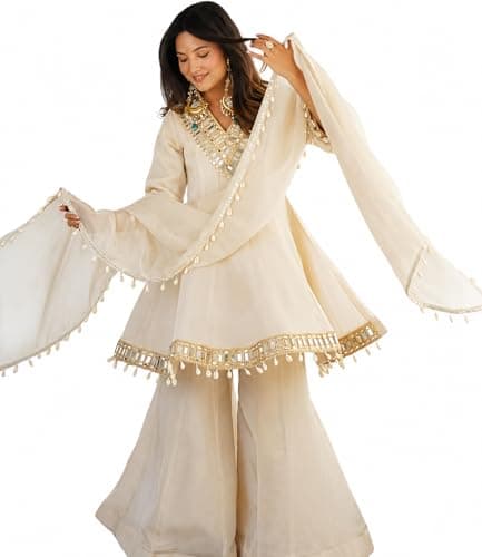Women’s Organza Silk Kurti Sharara Set with Dupatta, Full Sleeve Ethnic Outfit with Mirror Work Lace Border, Ready to Wear (US, Alpha, Small, Regular, Regular)