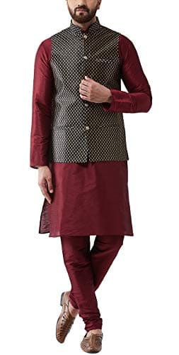 Sojanya (Since 1958 Men'S Silk Blend Maroon Kurta Pyjama & Black Nehru Jacket Combo, Size 44