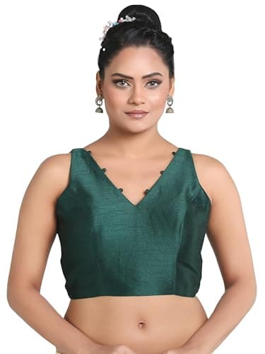 Madhu Fashion Women's Sleeveless Solid Pattern V Neck Readymade Saree Blouse (Bottle Green, 38)