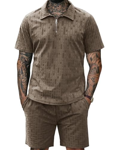 URRU Mens Textured Polo Shirt and Shorts Set Short Sleeve Casual 2 Piece Summer Outfits Quarter Zip Suit