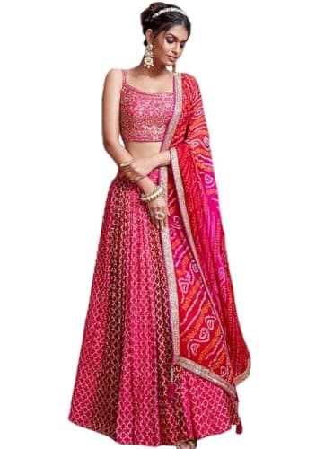 Indya Pink Silk Blend Bandhani Printed Lehenga Choli for Wedding | Spaghetti Strap | Square Neck | Indian Ethnic Wear