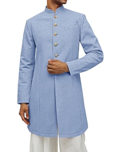Runcati Mens Kurta Coats Indian Mandarin Collar Attire Ethnic Outfits Wedding Festive Party Clothing Casual Kaftan Robe Light Blue