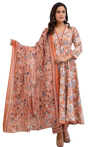 PARTHVI Women's Printed Cotton Anarkali Kurta & Pant With Dupatta Set (Medium Peach)