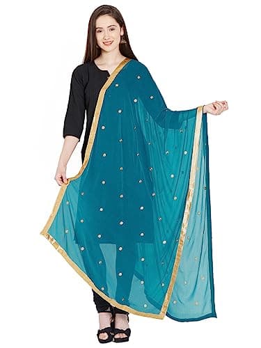 themilestocks Woman's Embroidered Chiffon Dupatta Scarf Shawl Wrap Soft Indian Bridal Wedding - Teal
