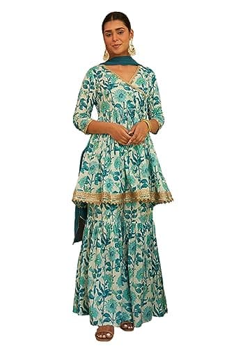Janasya Indian Women's Cotton Floral Print Festive Wear Kurta Set for Women