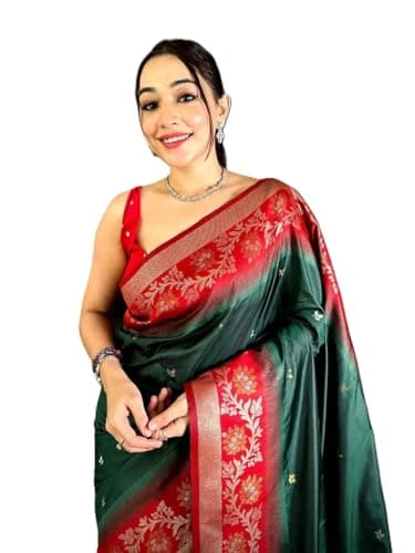 Women's Radiant_Green Gadwal Pattu Saree With Unstitched Blouse Piece Partywear/Wedding Indian Gift Item Pack Of 1 (Green Red)