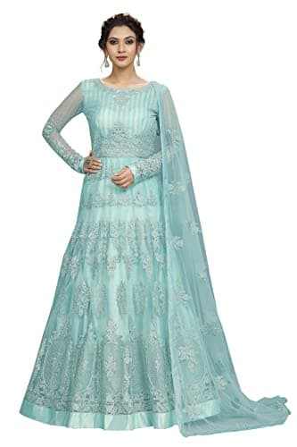 TRENDMALLS Women's Net Embroidery Salwar Suit Anarkali Kurta Set with Dupatta (G90-SkyBlue-S)
