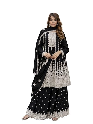 TRENDMALLS Women's Art Silk Embroidery A line Kurta Sharara with Dupatta Set (G259-Black-XL)