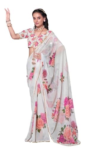 MOHIT CREATIONS Women's Partywear Faux Georgette Printed Saree with Unstitched Blouse (White)