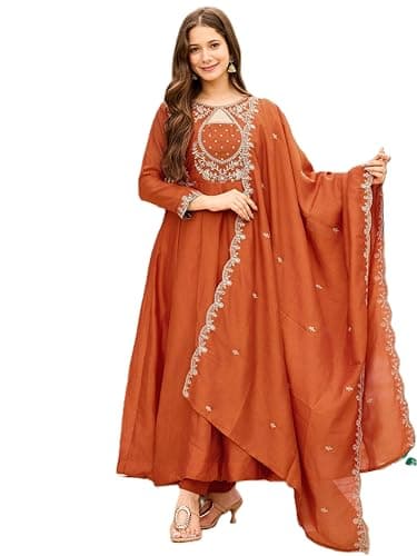 MOXTE Women's Vichitra Silk Embroidery Salwar Suit Set Kurta Pant with Dupatta (US, Alpha, X-Large, Regular, Regular, Orange)