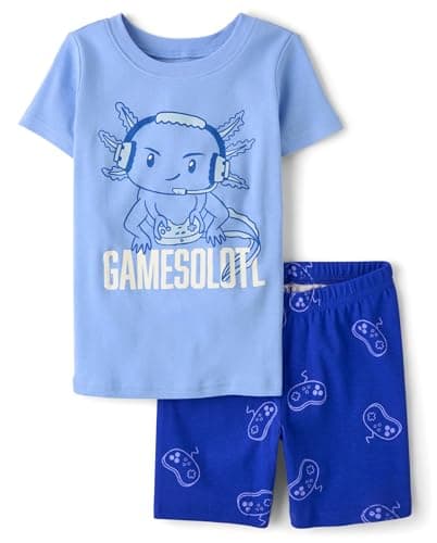The Children's Place,Boys,100% Cotton Sleeve Top and Shorts 2 Piece Pajama Set,Gamer Axolotyl,16