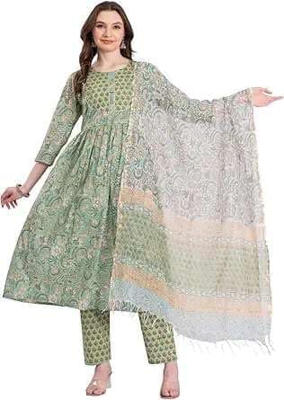 KIRAT Women's Cotton Anarkali Kurta Set with Pant and Dupatta Green Indian Tunic Dress Ready to Wear Shalwar Kameez Suit for Women (Medium)