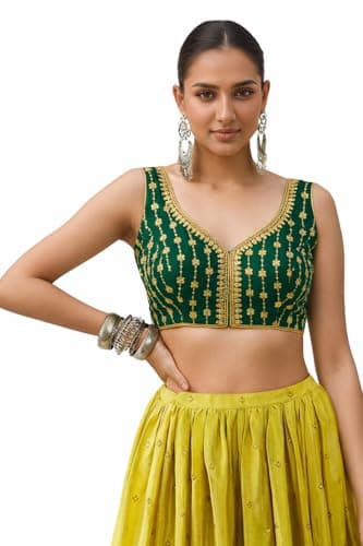 TRENDMALLS Women's Dhupion Silk Embroidery Sequence Work Blouse Choli Stylish Saree Blouse Ready to Wear (B12-DarkGreen-Free)