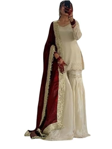 The Red Lion Enterprise Women Embroidered Chinon Silk Top Dhoti Dupatta Set Cream Ethnic Festive Wear Kurti Tunic Set Punjabi Dress (US, Alpha, XX-Large, Regular, Regular, Cream 2)