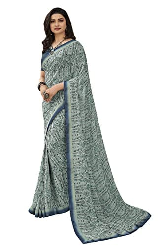 MOHIT CREATIONS Women's Partywear Printed Saree with Unstitched Blouse (GREY2)