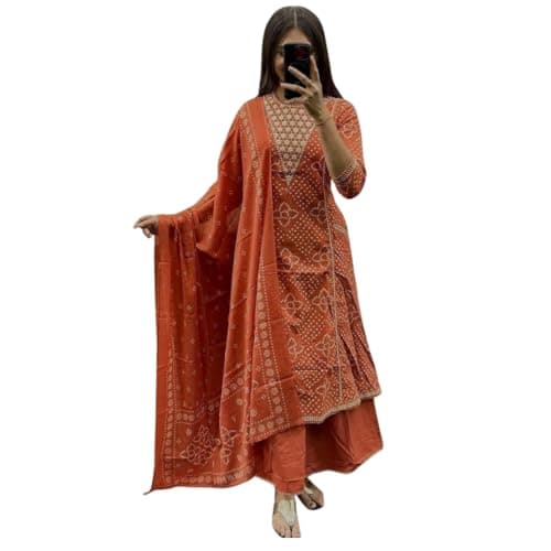 Primvo Women's Cotton Bandhani Print Kurta Set with Palazzo & Dupatta | Embroidery & Gota Work | Indian Dresses for Women (US, Alpha, Large, Regular, Regular, Rust Orange)