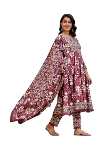INDACORIFY Indian Printed Cotton Kurti Beautiful Floral Print Dress With Pant Dupatta Set For Women's Plus Size Anarkali Suit (US, Alpha, 5X-Large, Regular, Regular, Brown)