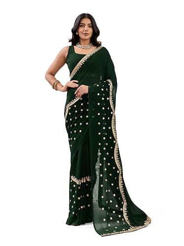 Svayi Women’s Georgette Gold sequin Embroidery butti border work Saree for Wedding Festive Party Style Sari with Blouse Piece (SR1284-DarkGreen)