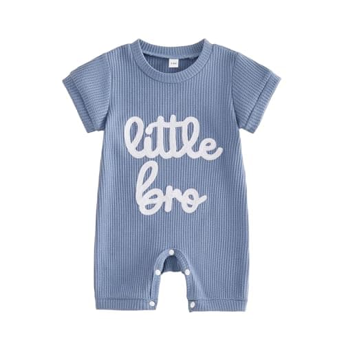 allshope Newborn Baby Boy Summer Outfit Romper Little Brother Lil Bro Embroidery Jumpsuit Cute Infant Waffle Clothes (Little Bro Blue, 3-6 Months)