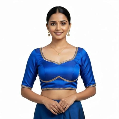 Women’s Dupion Saree Blouse with Gold Trim Half Sleeve Sweetheart Neck & Adjustable Tie-Back Ethnic Crop Top Choli Padded