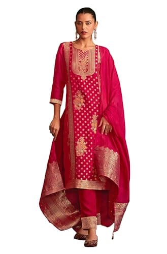 Janasya Indian Women's Red Jacquard Festive Wear Kurta Set for Women