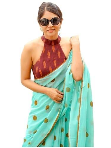 Sidhidata Women's Polka Dot Printed Linen Cotton Saree With Unstitched Blouse Piece (Laddu_Free Size)